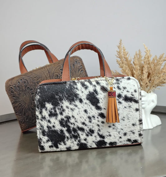 CROSSBODY DOBLE CARA PELO MOTEADO/PIEL GRABADA CHOCOLATE DESGASTADO