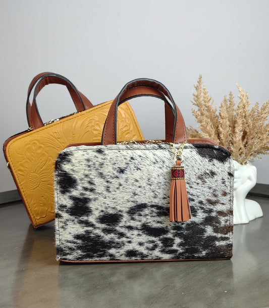 CROSSBODY DOBLE CARA PELO MOTEADO/PIEL GRABADA MOSTAZA