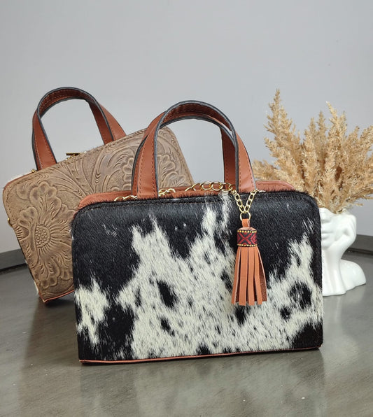 CROSSBODY DOBLE CARA PELO MOTEADO/PIEL GRABADA BAILYES DESGASTADO