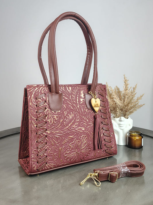 BOLSA TEJIDA PIEL DE FLORES TERRACOTA-COBRE/COMINO