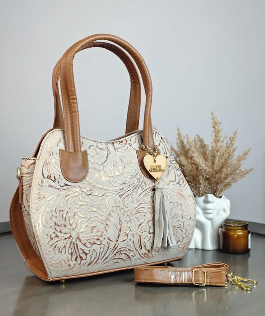 BOLSA HILDA PIEL DE FLORES VAINILLA-COBRE/CAMEL