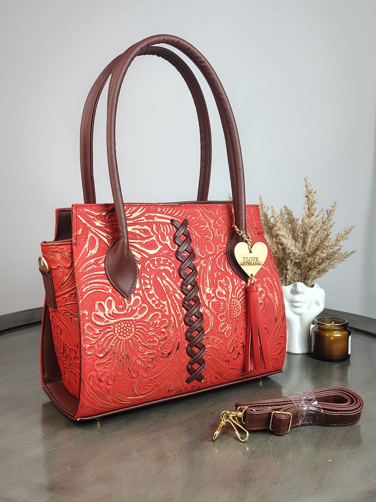 BOLSA NICOLE PIEL DE FLORES ROJO COBRE/COMINO