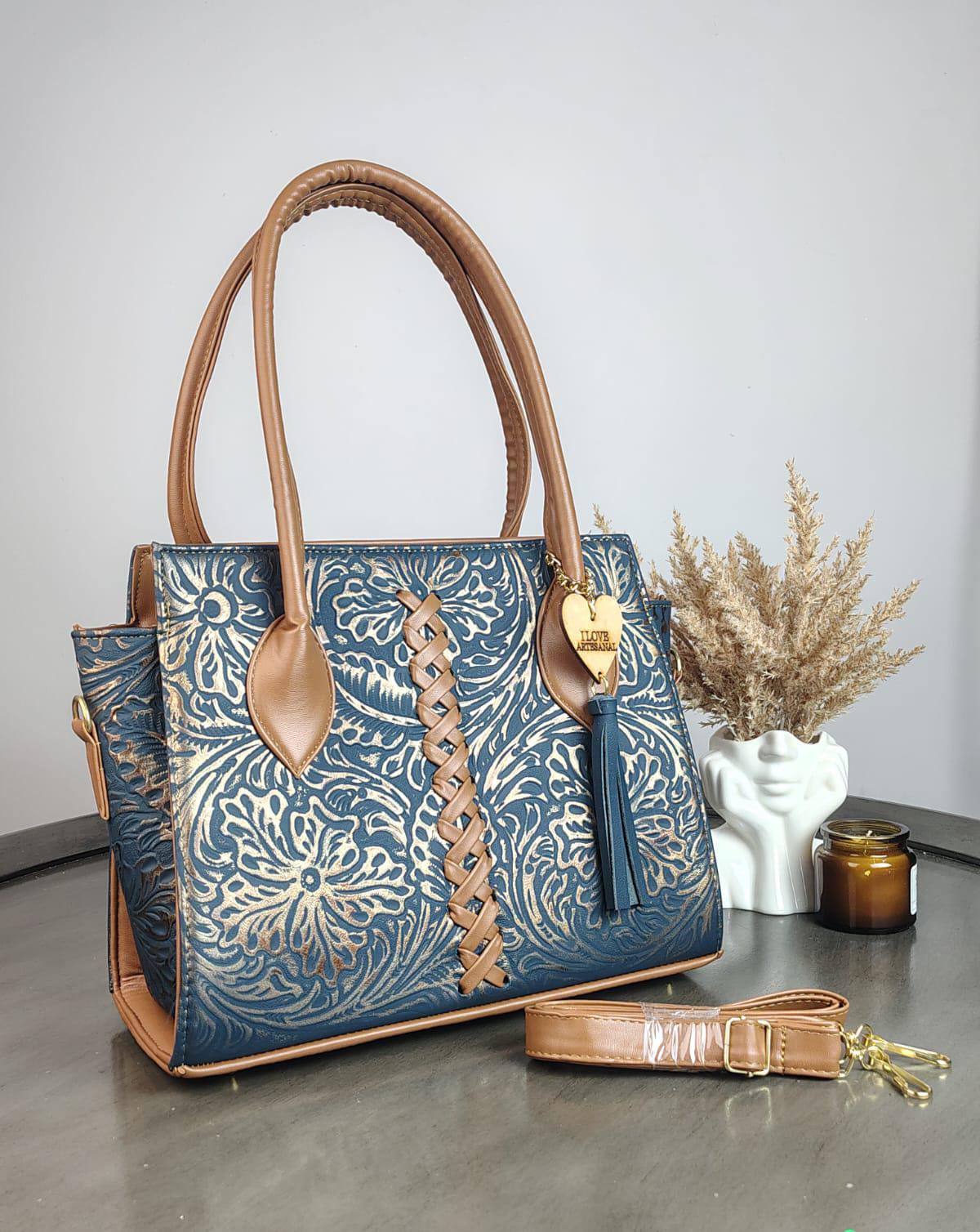 BOLSA NICOLE PIEL DE FLORES PETROLEO COBRE/CAMEL