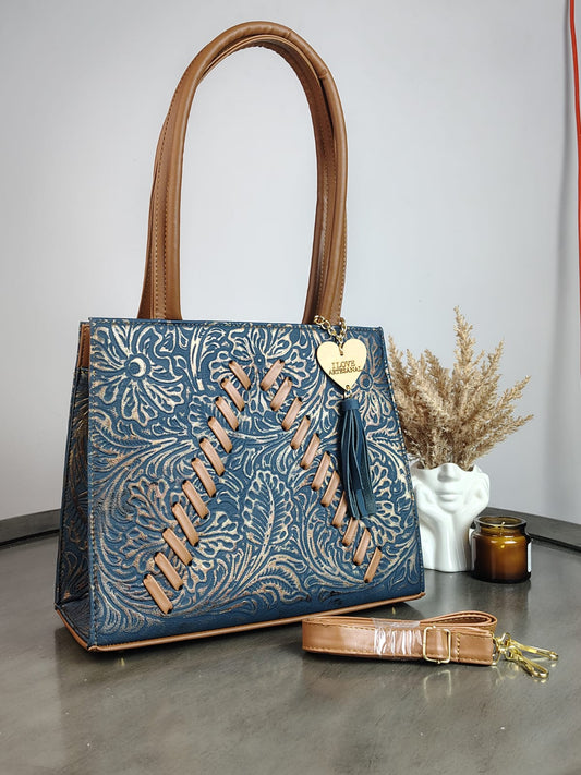 BOLSA SARA PIEL DE FLORES PETROLEO-COBRE/CAMEL