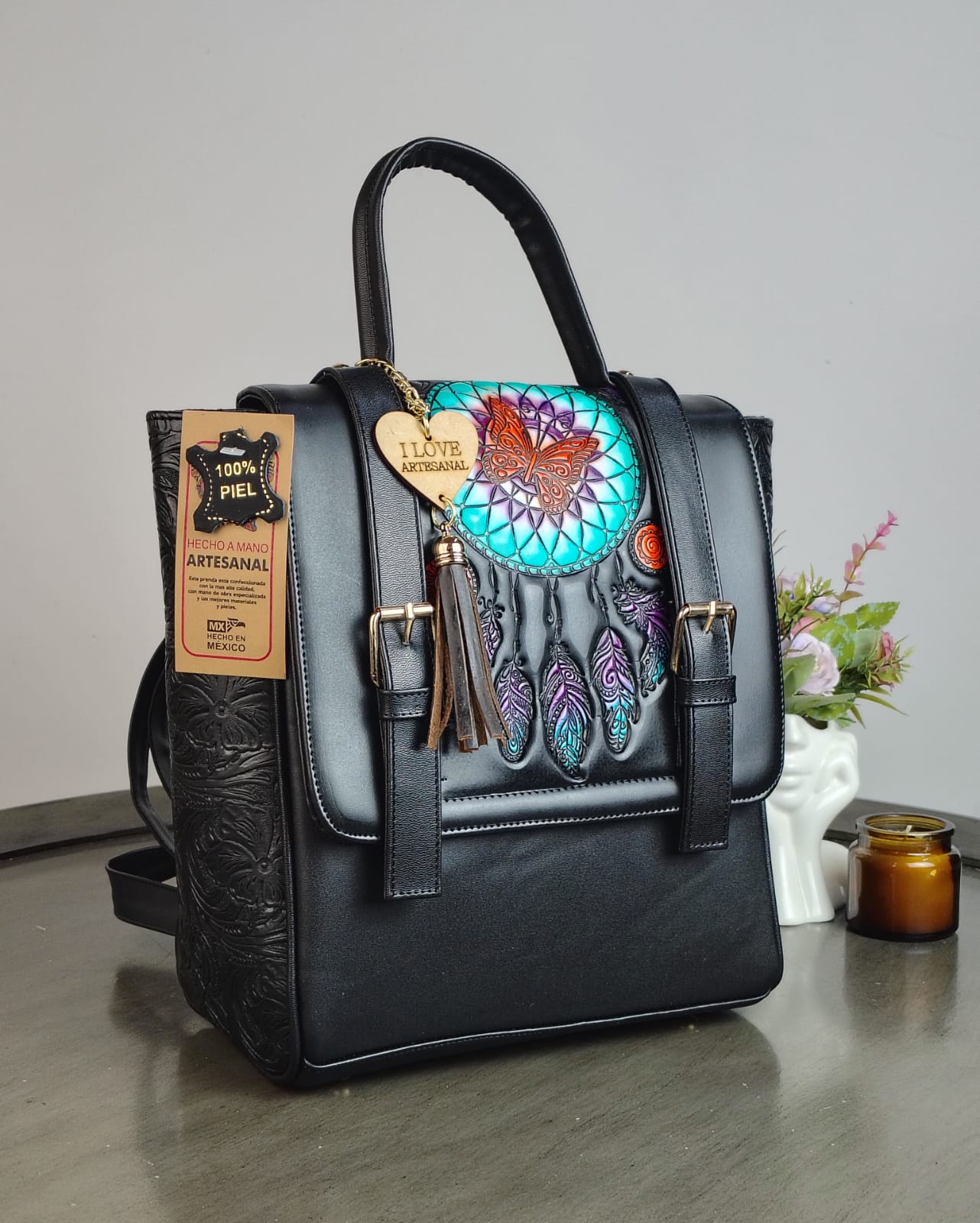 MOD ARTESANAL MOCHILA ASUNCIÓN NEGRO ATRAPASUEÑOS MARIPOSA AZUL/NJA