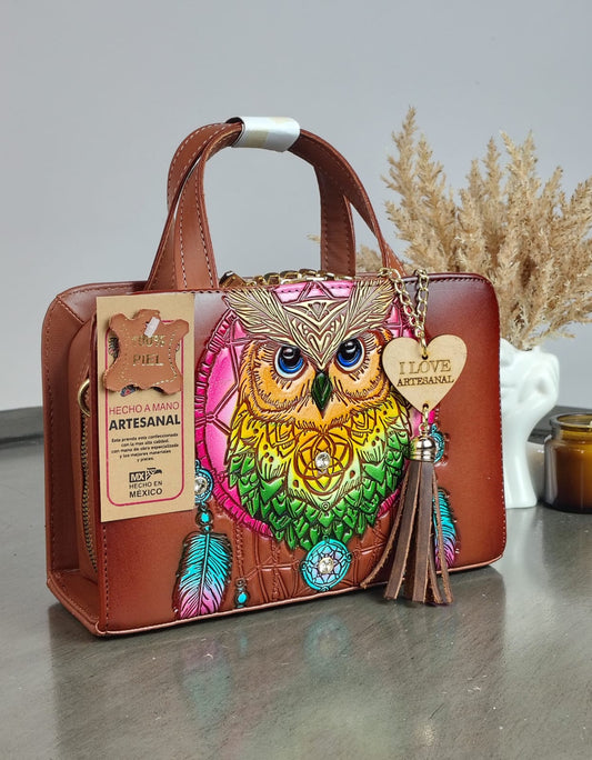 UB CROSSBODY MARRON BUHO ROSA/AMARILLO Y VERDE