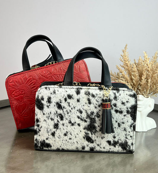 CROSSBODY DOBLE CARA PELO MOTEADO/PIEL GRABADA ROJO
