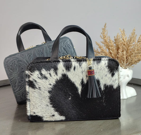 CROSSBODY DOBLE CARA PELO MOTEADO/PIEL GRABADA GRIS