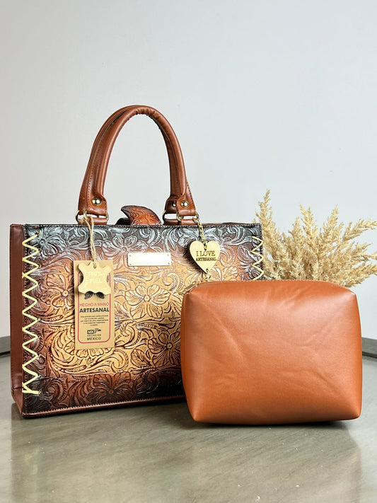 DUO ARTESANAL COMBO MED GRABADO CAMEL/MARRON