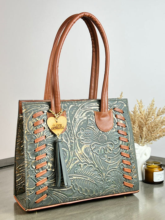 BOLSA TEJIDA PIEL DE FLORES ESMERALDA-COBRE/CAMEL