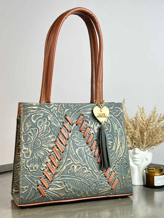 BOLSA SARA PIEL DE FLORES ESMERALDA-COBRE/CAMEL