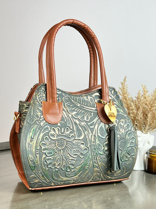 BOLSA HILDA PIEL DE FLORES ESMERALDA-COBRE/CAMEL
