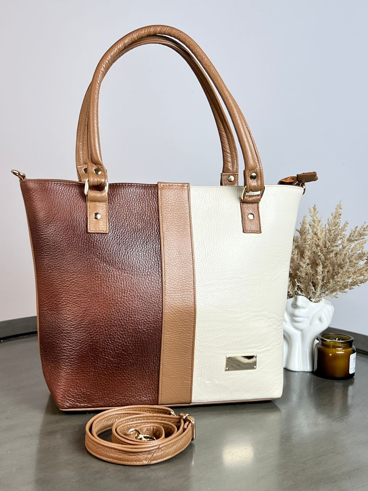 BOLSO PIEL GENOVEVA FRANJAS MARRON/HUESO