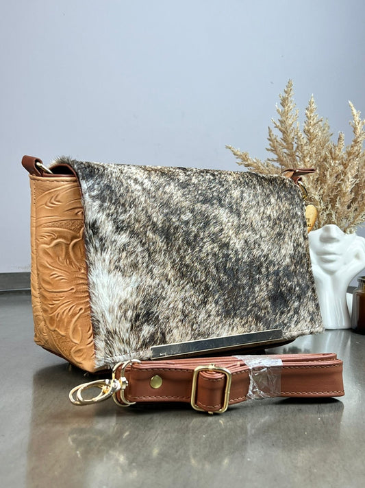 CROSSBODY VIANNEY TAPA PELO MOTEADO/PIEL AVELLANA