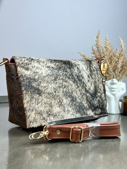 CROSSBODY VIANNEY TAPA PELO MOTEADO/PIEL CHOCOLATE