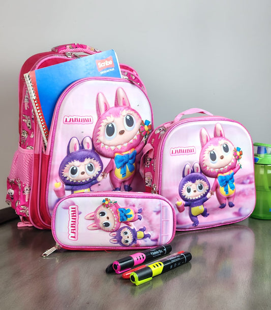 COMBO ESCOLAR PERSONAJES LABUBU ROSA Y MORADO