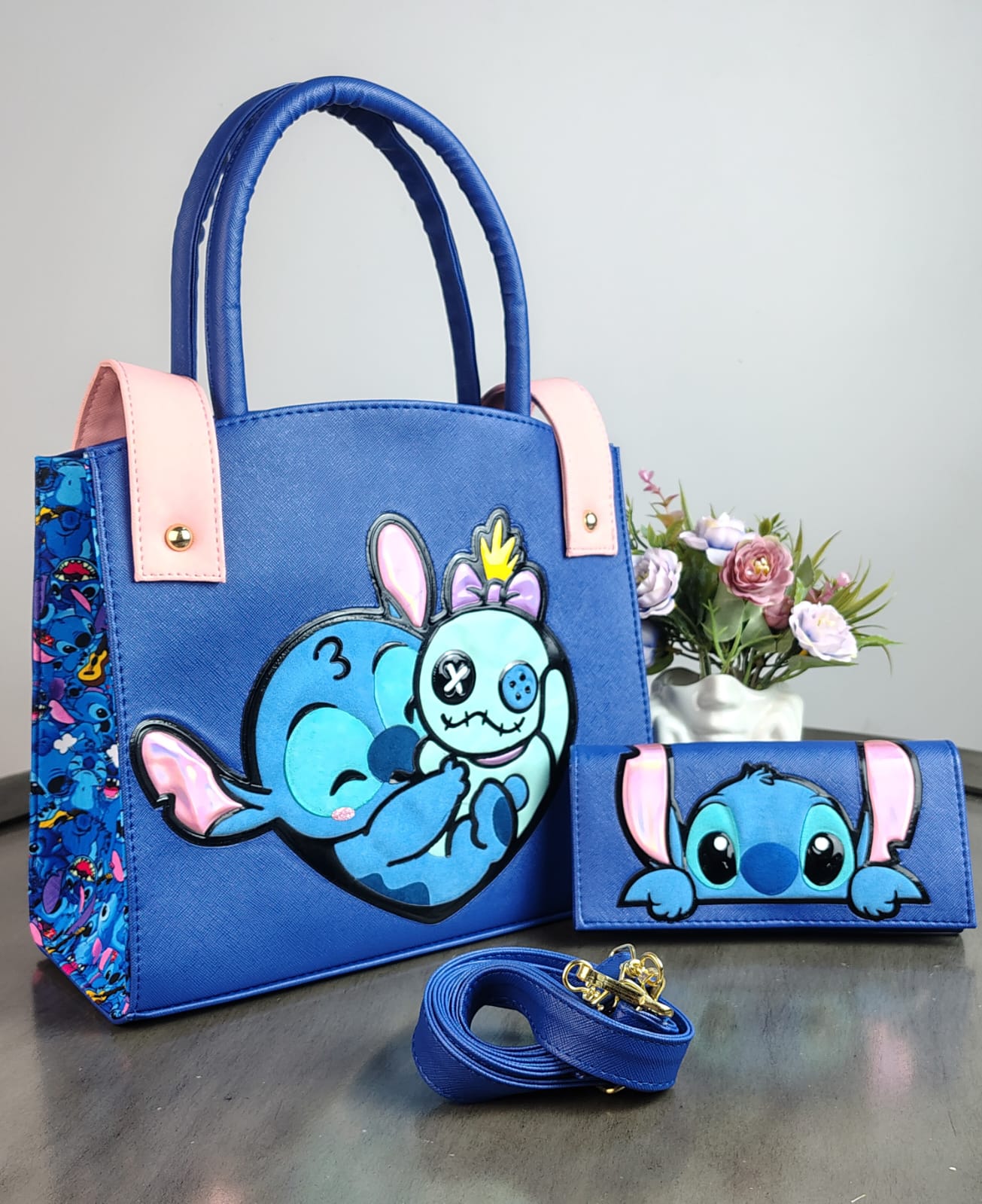 DUO BOLSO Y CARTERA PERSONAJE STICH ABRAZO AZUL REY