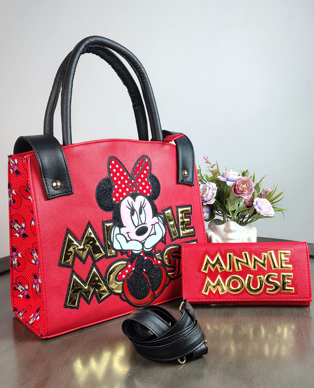 DUO BOLSO Y CARTERA PERSONAJE MINNIE ROJO/LETRAS DORADO