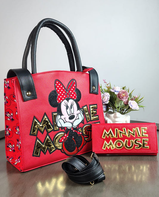 DUO BOLSO Y CARTERA PERSONAJE MINNIE ROJO/LETRAS DORADO