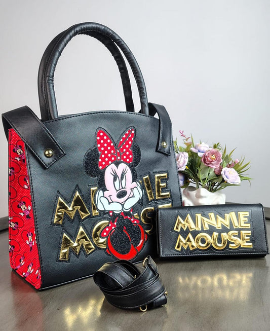 DUO BOLSO Y CARTERA PERSONAJE MINNIE NEGRO/LETRAS DORADO
