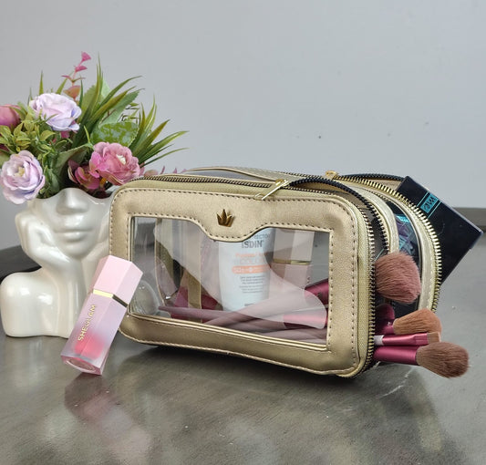 COSMETIQUERA DOBLE CIERRE MICA DORADO
