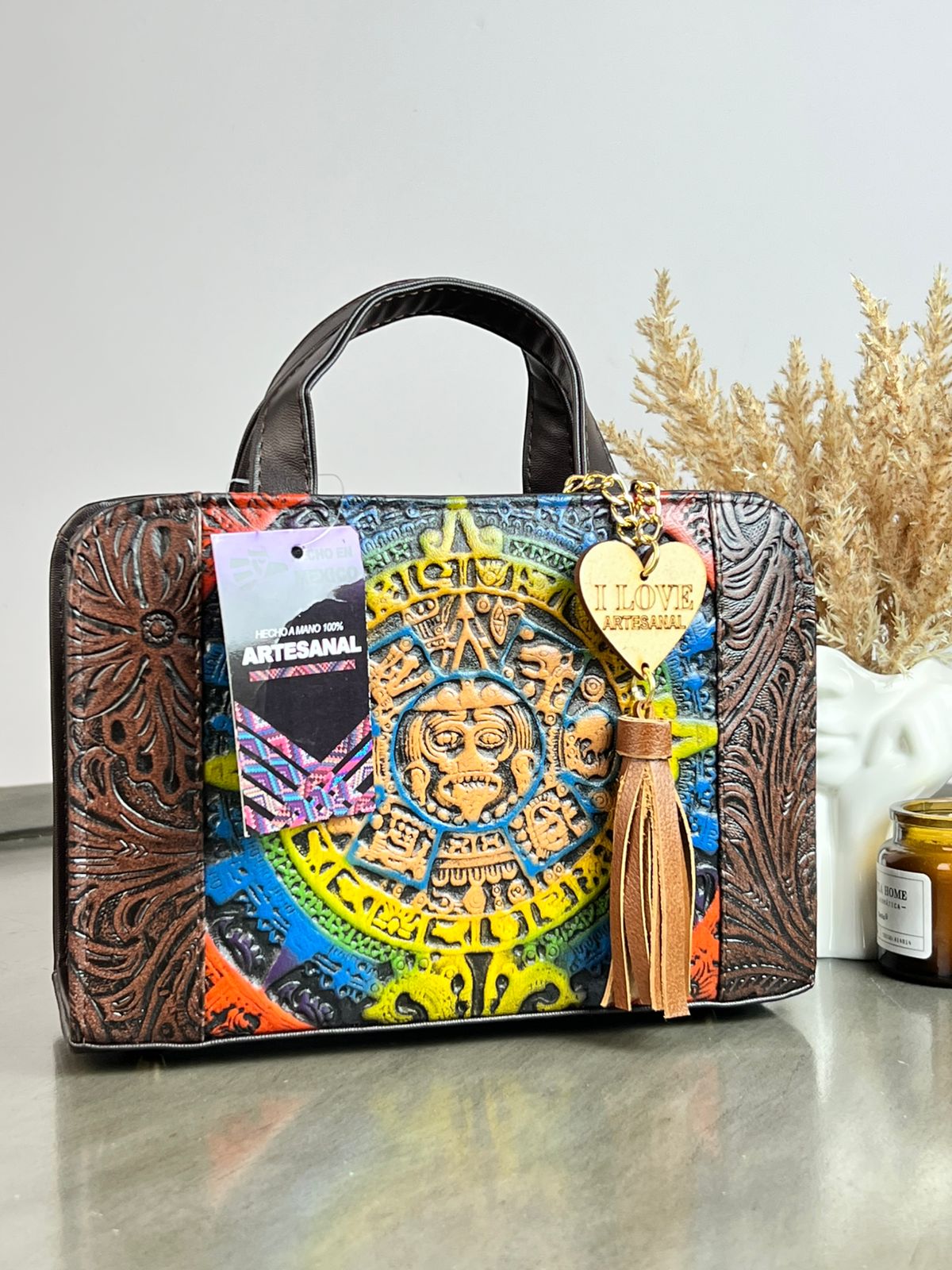 CROSSBODY ARTESANAL TANIA GRABADO CALENDARIO AZTECA FERRERO/COLORES