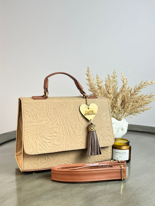 BOLSO CAJITA ZAFIRO GRABADO FLORES AVELLANA