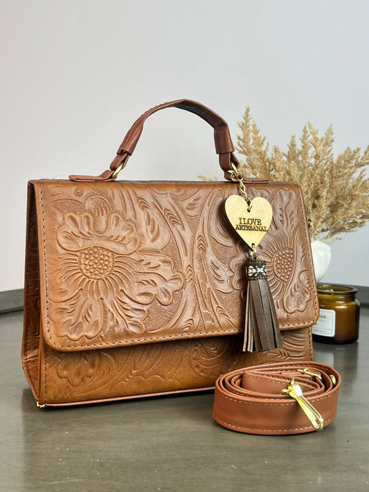 BOLSO CAJITA ZAFIRO GRABADO FLORES CAMEL