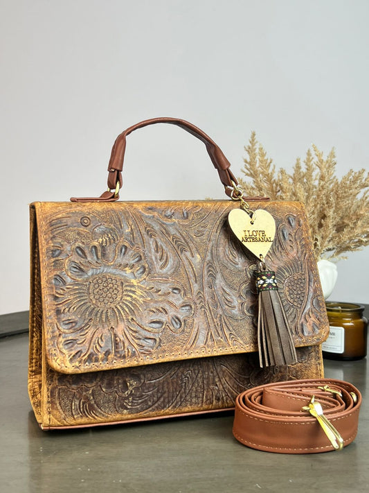 BOLSO CAJITA ZAFIRO GRABADO FLORES MADERA
