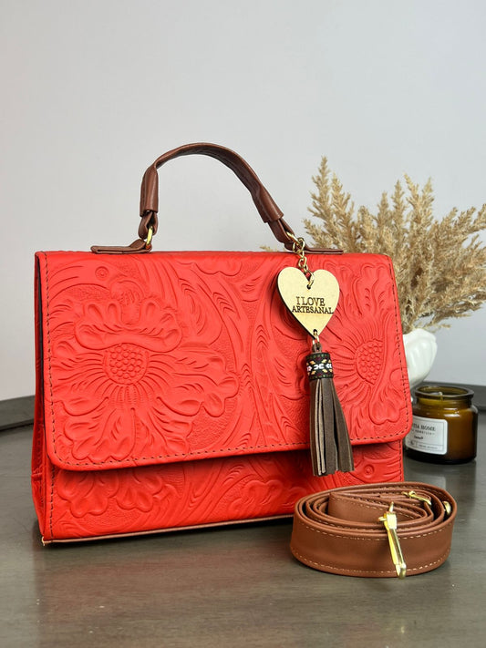 BOLSO CAJITA ZAFIRO GRABADO FLORES NARANJA INTENSO