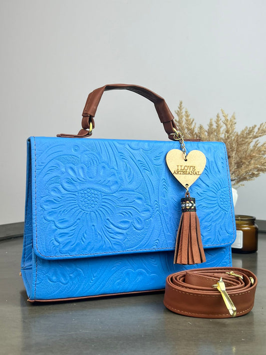 BOLSO CAJITA ZAFIRO GRABADO FLORES AZUL ELÉCTRICO