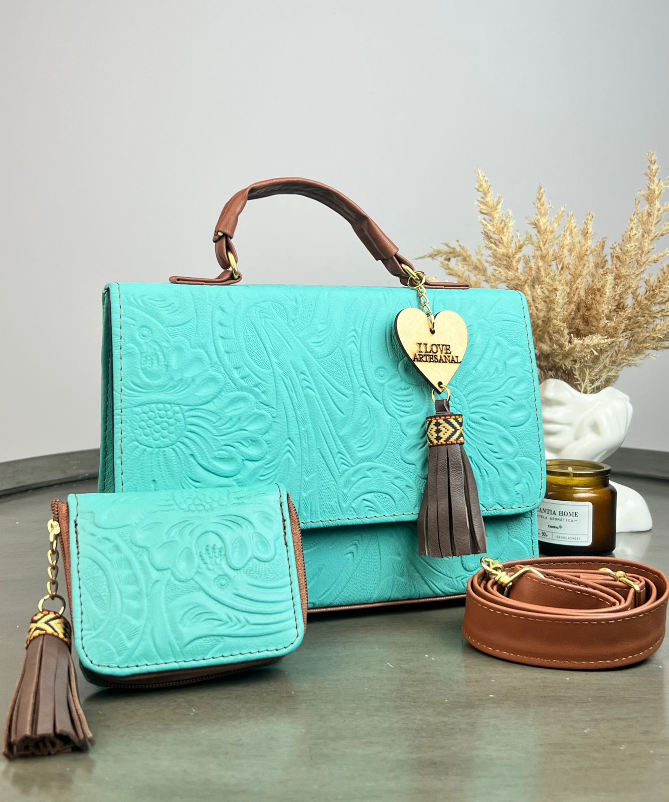 COMBO CAJITA ZAFIRO GRABADO FLORES AQUA