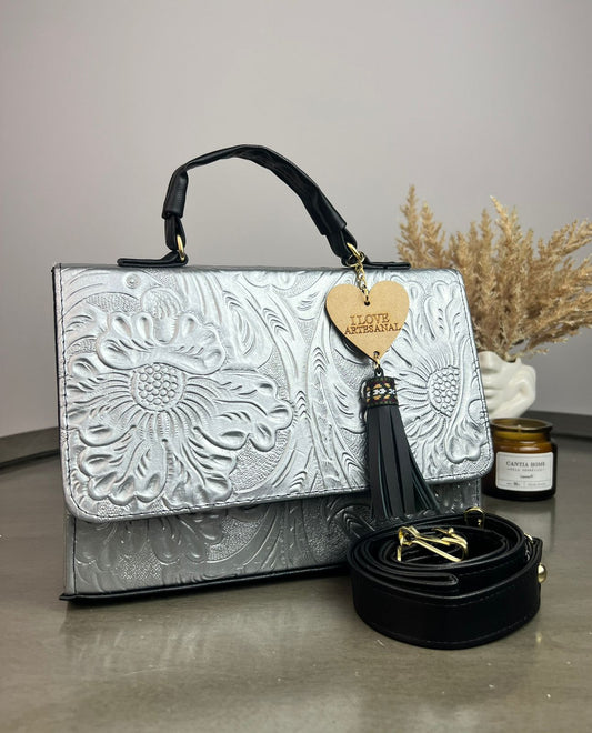 BOLSO CAJITA ZAFIRO GRABADO FLORES PLATA