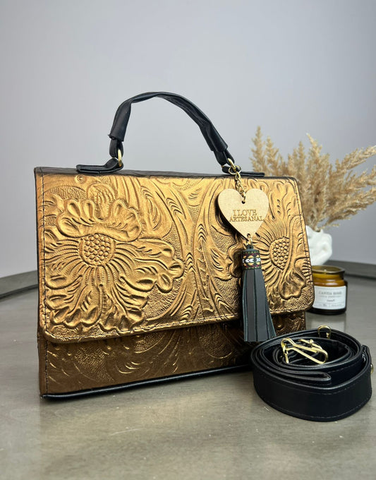 BOLSO CAJITA ZAFIRO GRABADO FLORES COBRE
