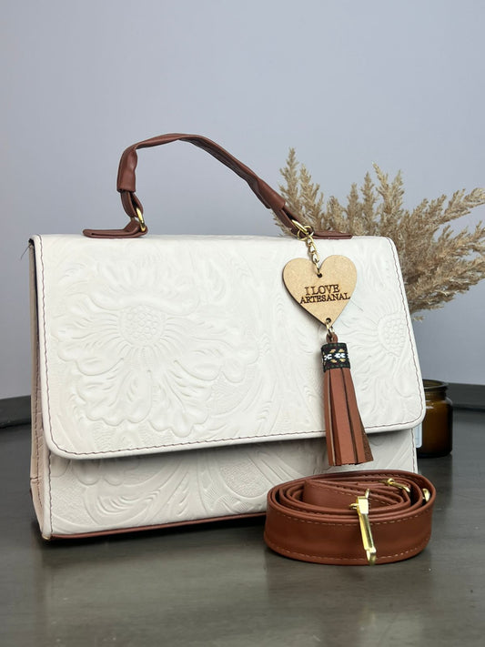BOLSO CAJITA ZAFIRO GRABADO FLORES HUESO