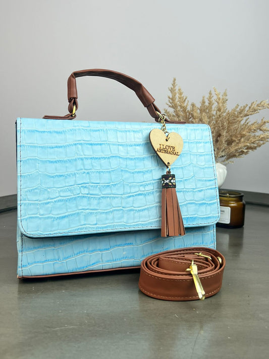 BOLSO CAJITA ZAFIRO GRABADO DRILO CELESTE
