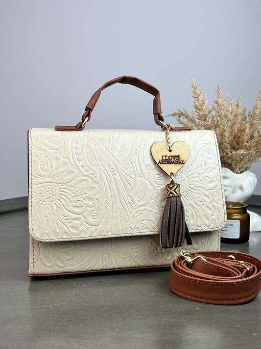BOLSO CAJITA ZAFIRO GRABADO FLORES VAINILLA