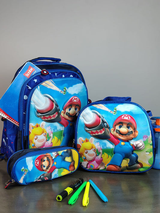 COMBO ESCOLAR SUPER MARIO Y PRINCESA PEACH AZUL MARINO/REY