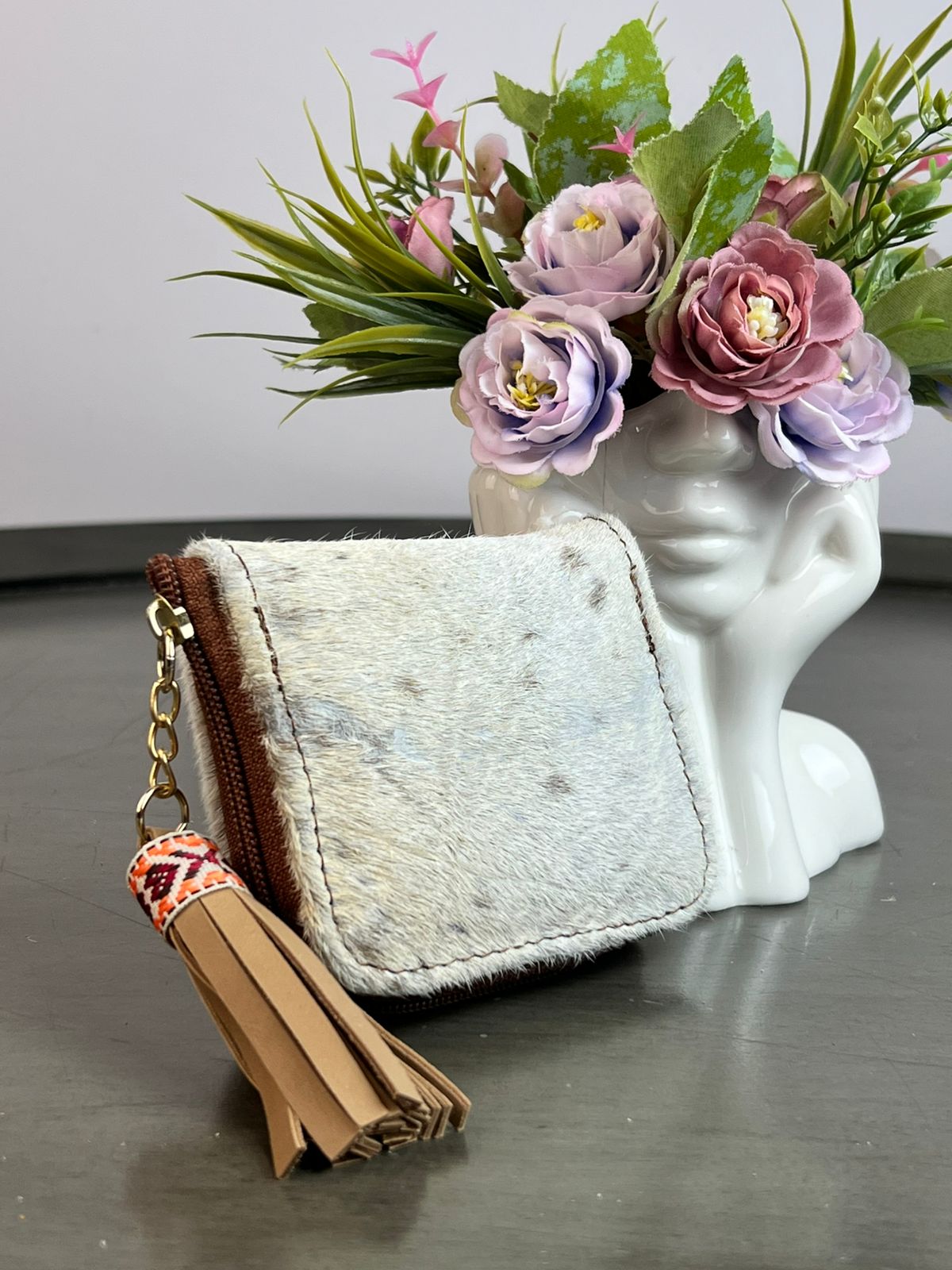 MONEDERO PIEL PELO BLANCO/BEIGE