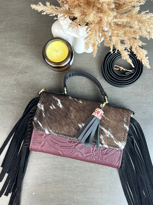 CROSSBODY DELIA PELO Y BARBAS VINO/PELO CAFÉ/BARBAS NEGRO