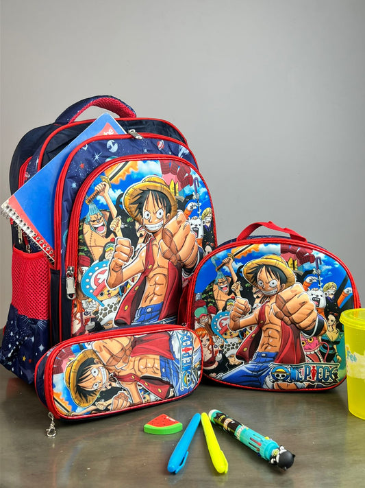 COMBO ESCOLAR PERSONAJES ONE PIECE AZUL MARINO/ROJO