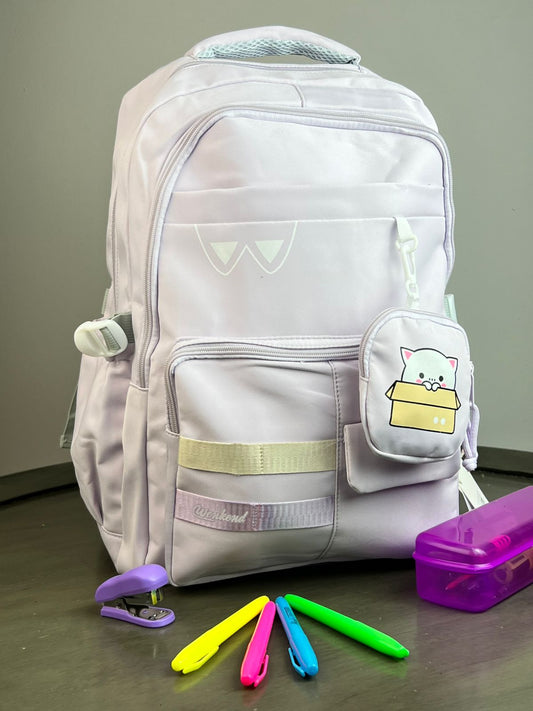MOCHILA CON MONEDERO GATO LILA