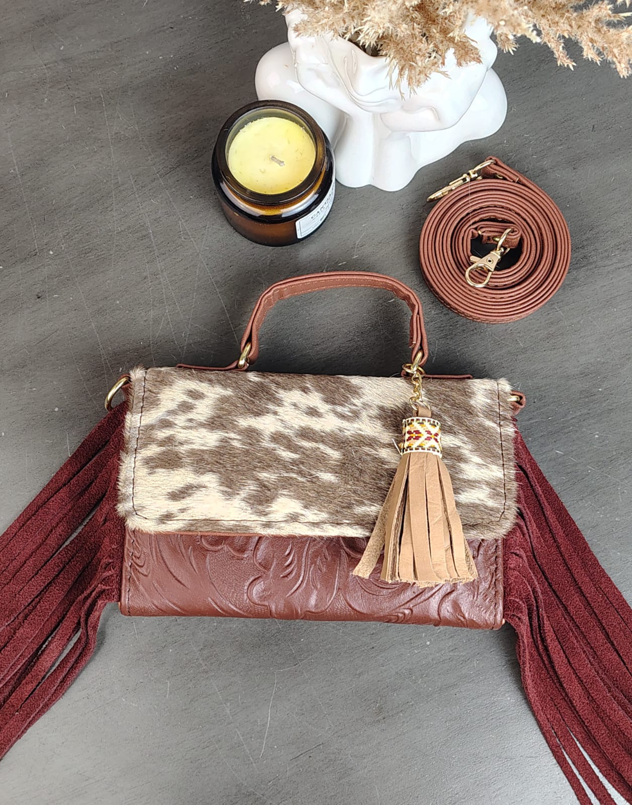 CROSSBODY DELIA PELO Y BARBAS COMINO/PELO CAFÉ MOTEADO/BARBAS ROJIZO