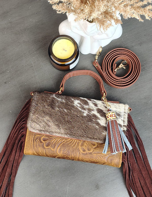 CROSSBODY DELIA PELO Y BARBAS MIEL/PELO CAFÉ MANCHA/BARBAS CAFÉ