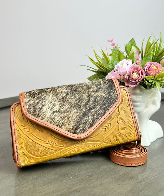 CARTERA PIEL TAPA PELO MOSTAZA/PELO PARDO