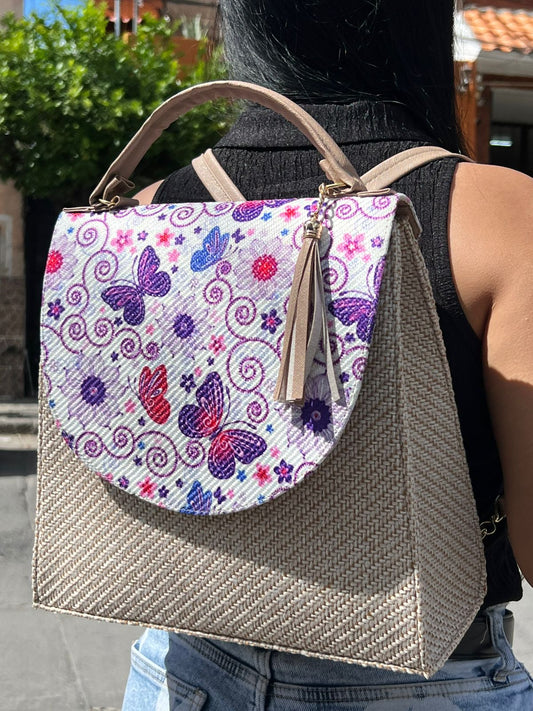 MOCHILA YUTE ARENA/MARIPOSAS MORADO F BLANCO