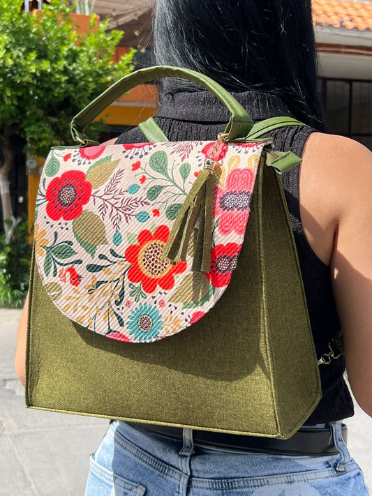 MOCHILA YUTE OLIVO/ FLORES