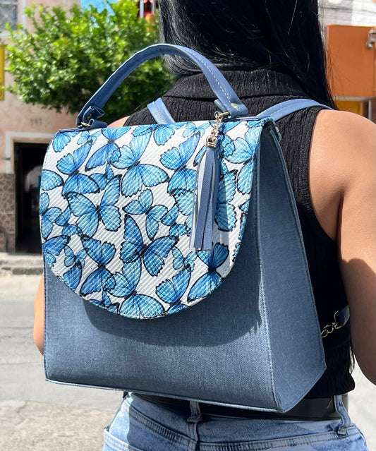 MOCHILA YUTE AZUL/MARIPOSAS F BLANCO