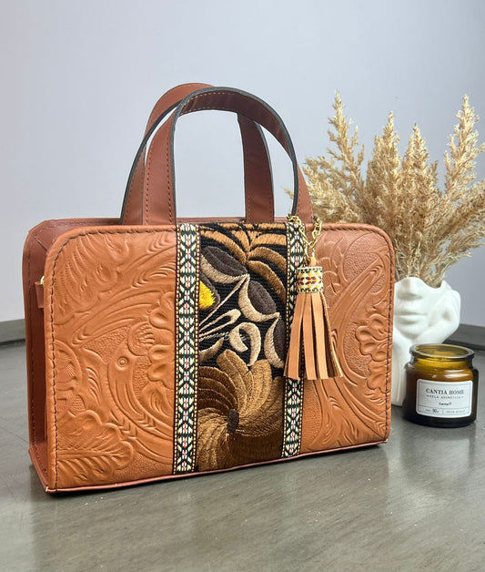 CROSSBODY DOBLE CARA FLORES FRANJA BORDADO F NEGRO OTOÑO/CAMEL