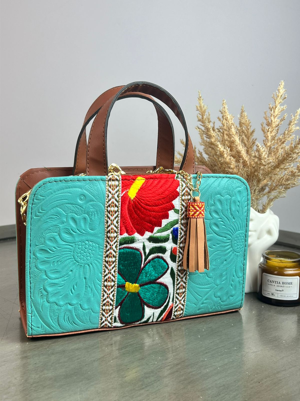 CROSSBODY DOBLE CARA FLORES FRANJA BORDADO F BLANCO/AQUA